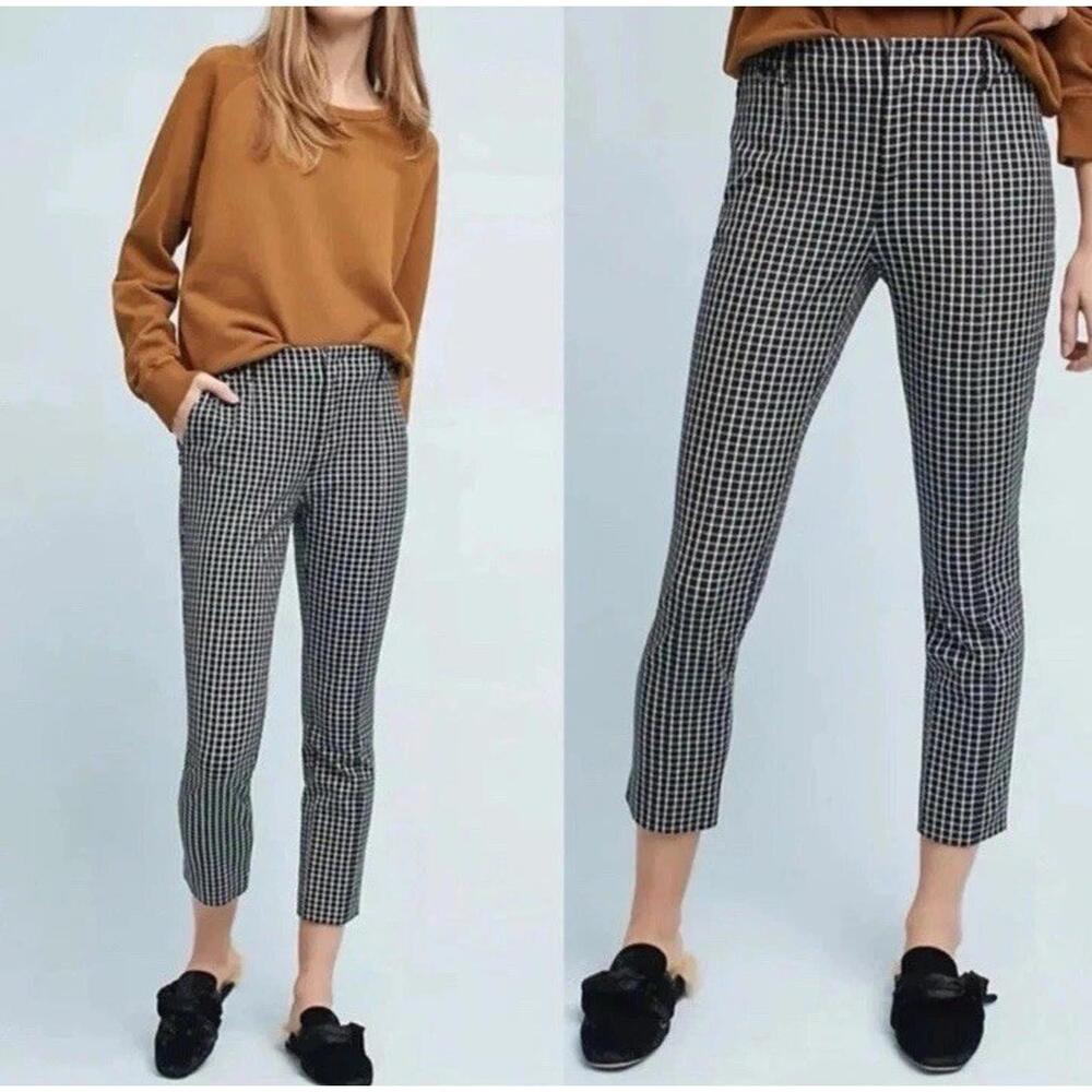 Anthropologie Essential Slim Womens 8 Black White Plaid Print Cropped Pants NWT